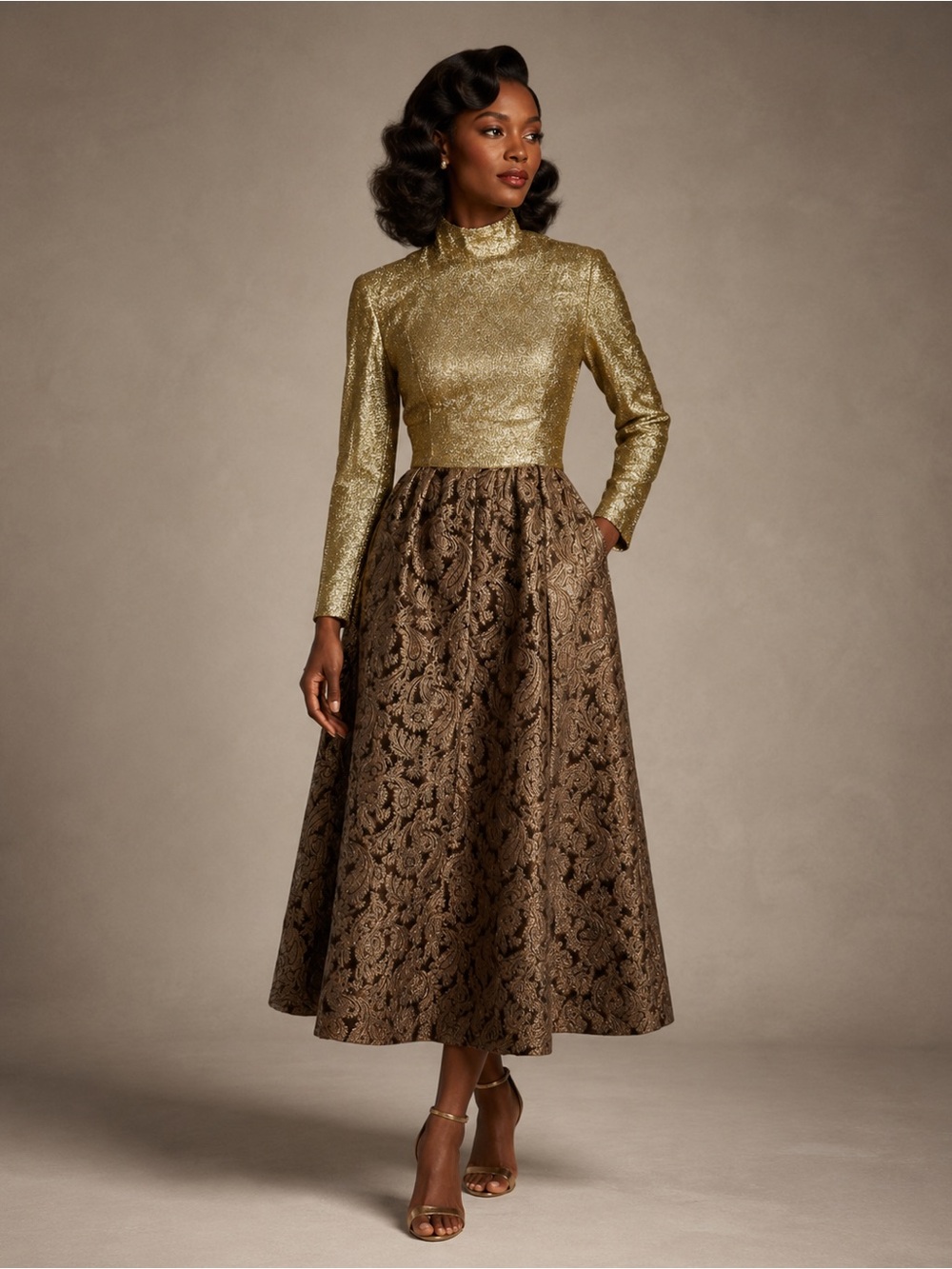 Vintage 70’s Gold Metallic Hostess Dress - S/M